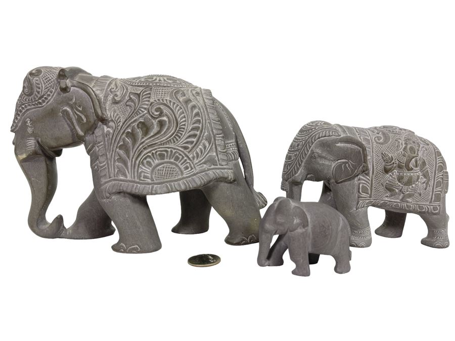 Three Carved Stone Elephant Figurines