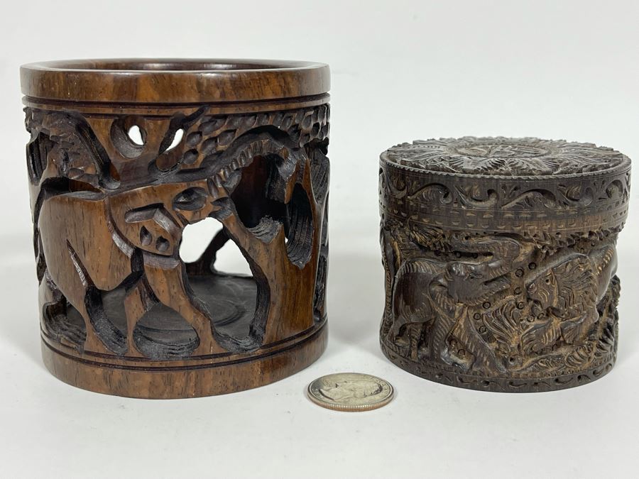 Pair Of Relief Carved Round Wooden Boxes [Photo 3]