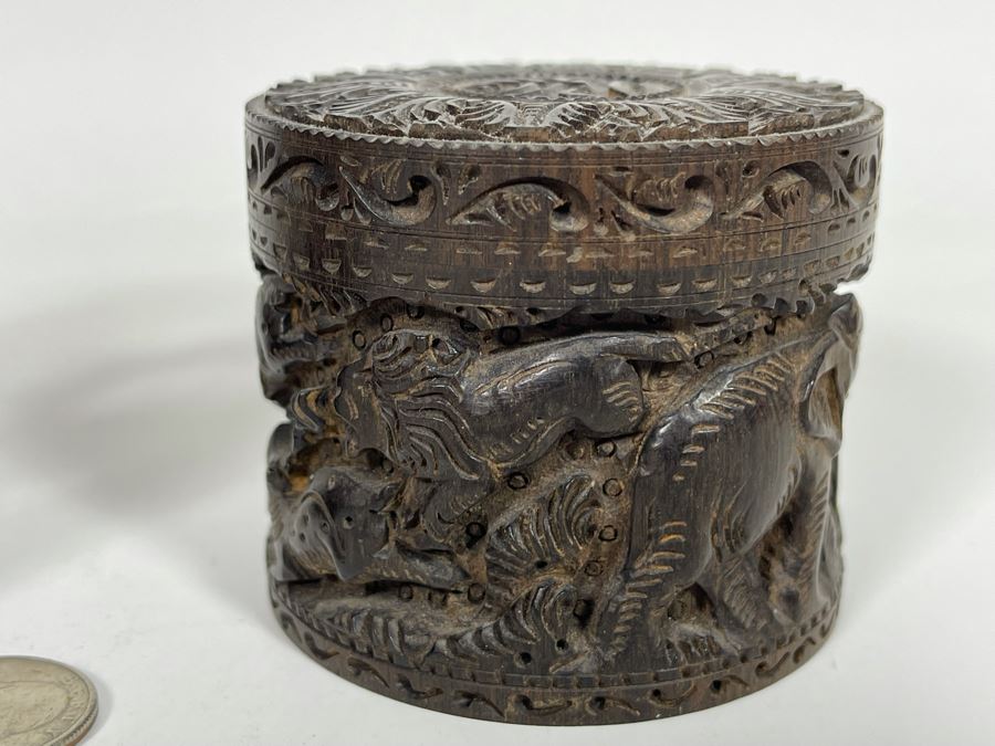 Pair Of Relief Carved Round Wooden Boxes [Photo 11]