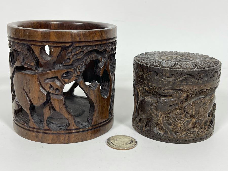 Pair Of Relief Carved Round Wooden Boxes [Photo 2]