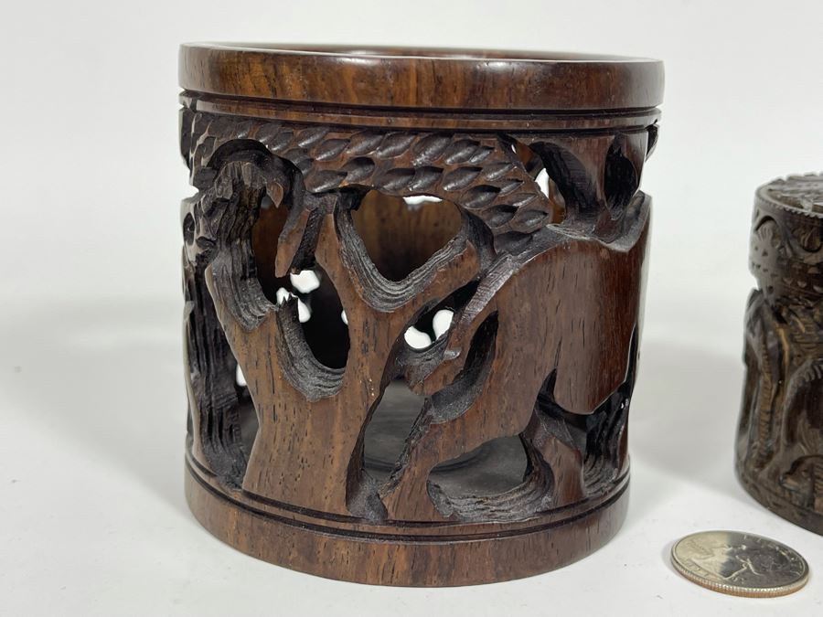 Pair Of Relief Carved Round Wooden Boxes [Photo 5]