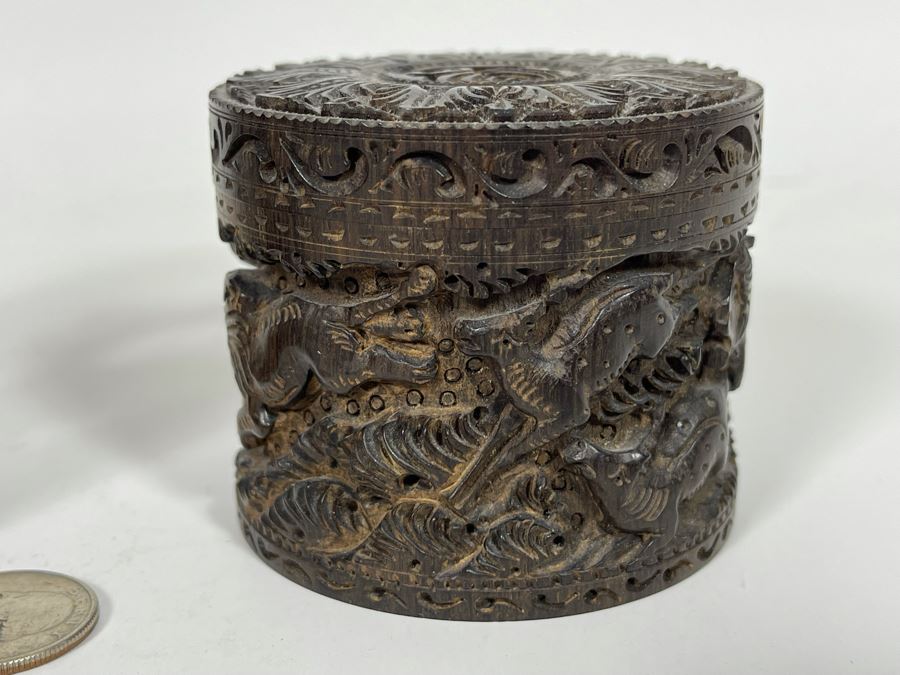 Pair Of Relief Carved Round Wooden Boxes [Photo 10]