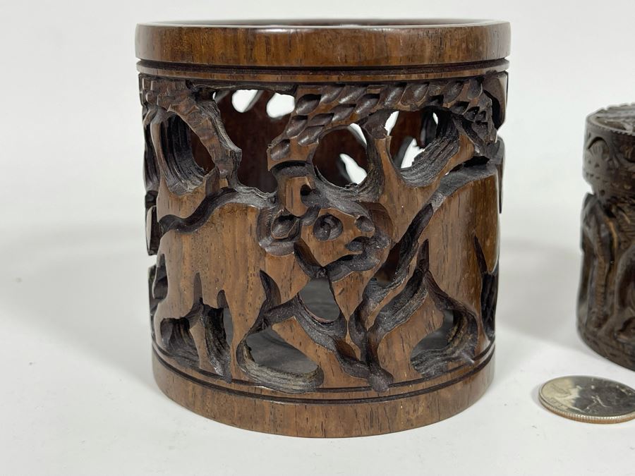 Pair Of Relief Carved Round Wooden Boxes [Photo 7]