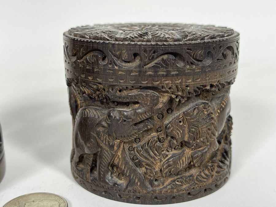 Pair Of Relief Carved Round Wooden Boxes [Photo 8]