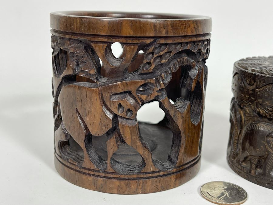 Pair Of Relief Carved Round Wooden Boxes [Photo 4]