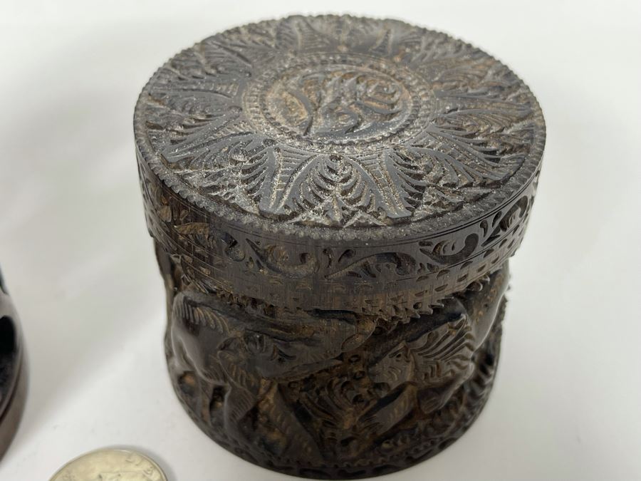 Pair Of Relief Carved Round Wooden Boxes [Photo 9]