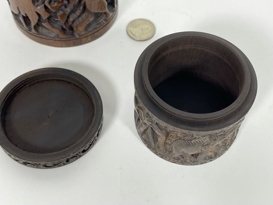 Pair Of Relief Carved Round Wooden Boxes [Photo 13]