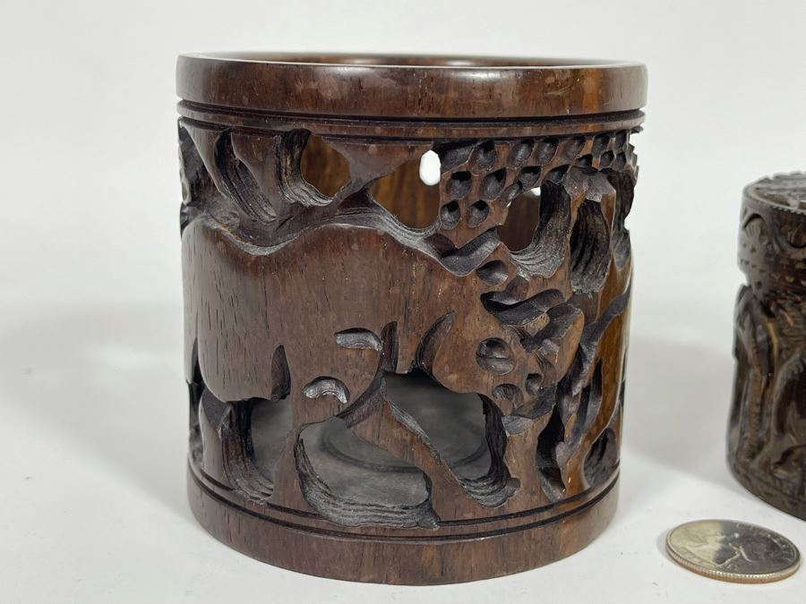 Pair Of Relief Carved Round Wooden Boxes [Photo 6]