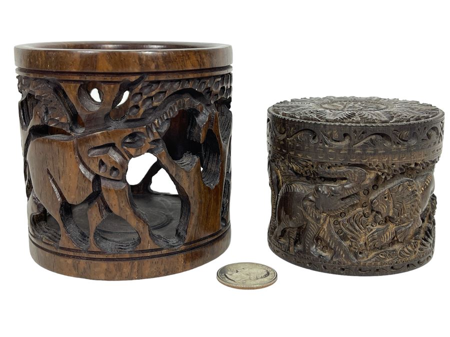 Pair Of Relief Carved Round Wooden Boxes [Photo 1]