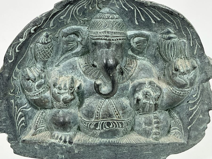 Carved Stone Sculpture Featuring The Three Faces Of Lord Shiva On One Side And Ganesh On Other Side 5W X 5H - See Photos [Photo 8]