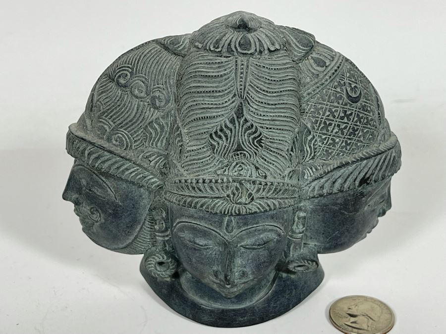 Carved Stone Sculpture Featuring The Three Faces Of Lord Shiva On One Side And Ganesh On Other Side 5W X 5H - See Photos [Photo 6]