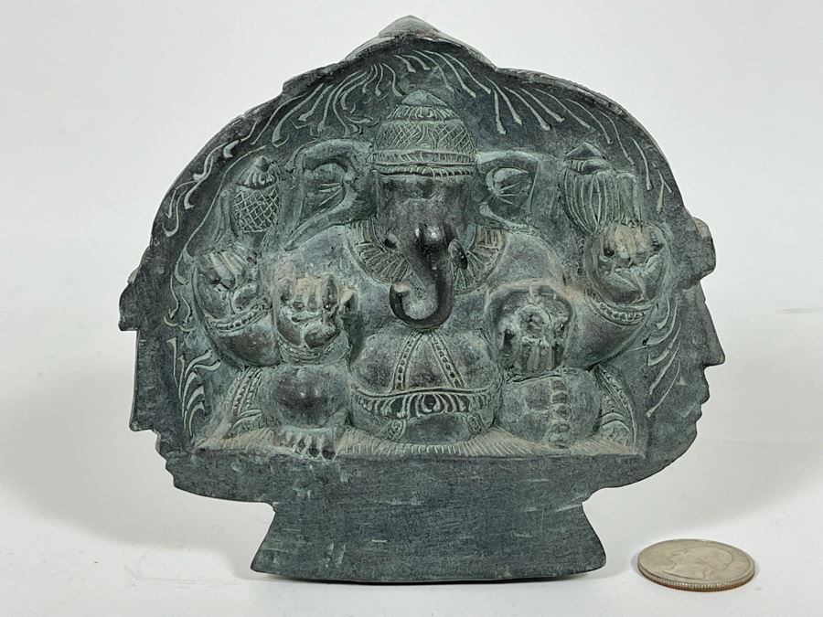 Carved Stone Sculpture Featuring The Three Faces Of Lord Shiva On One Side And Ganesh On Other Side 5W X 5H - See Photos [Photo 7]