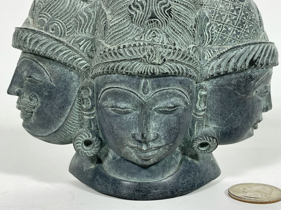 Carved Stone Sculpture Featuring The Three Faces Of Lord Shiva On One Side And Ganesh On Other Side 5W X 5H - See Photos [Photo 5]