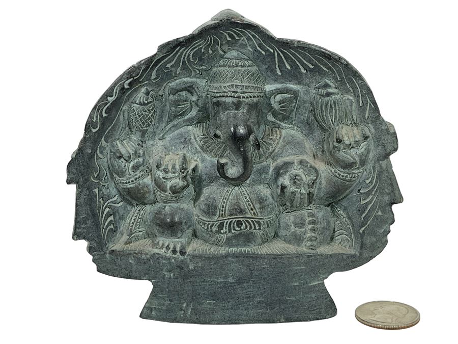 Carved Stone Sculpture Featuring The Three Faces Of Lord Shiva On One Side And Ganesh On Other Side 5W X 5H - See Photos [Photo 2]