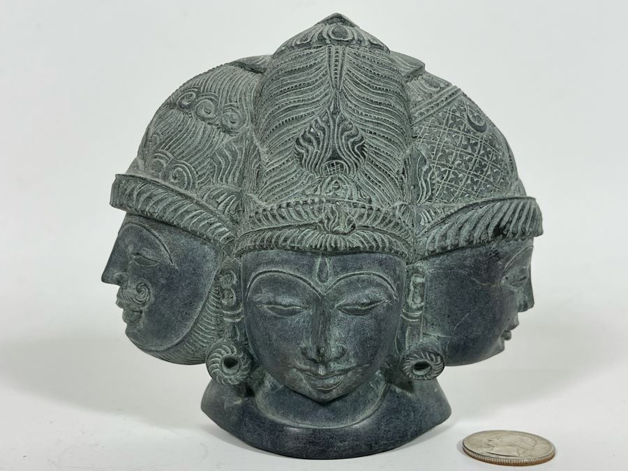 Carved Stone Sculpture Featuring The Three Faces Of Lord Shiva On One Side And Ganesh On Other Side 5W X 5H - See Photos [Photo 4]