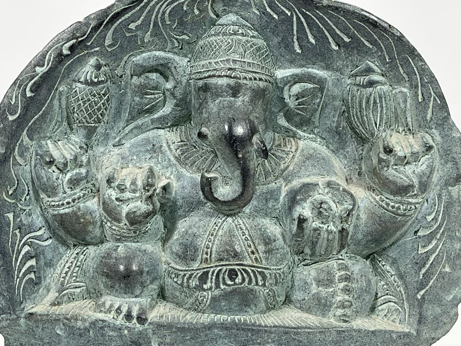 Carved Stone Sculpture Featuring The Three Faces Of Lord Shiva On One Side And Ganesh On Other Side 5W X 5H - See Photos [Photo 9]