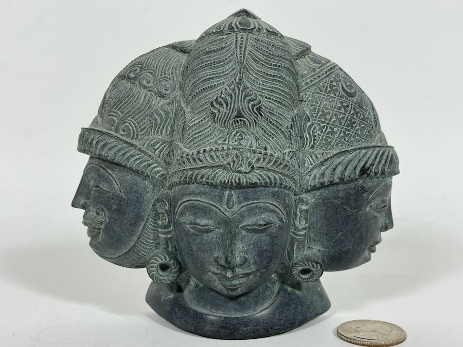 Carved Stone Sculpture Featuring The Three Faces Of Lord Shiva On One Side And Ganesh On Other Side 5W X 5H - See Photos [Photo 3]