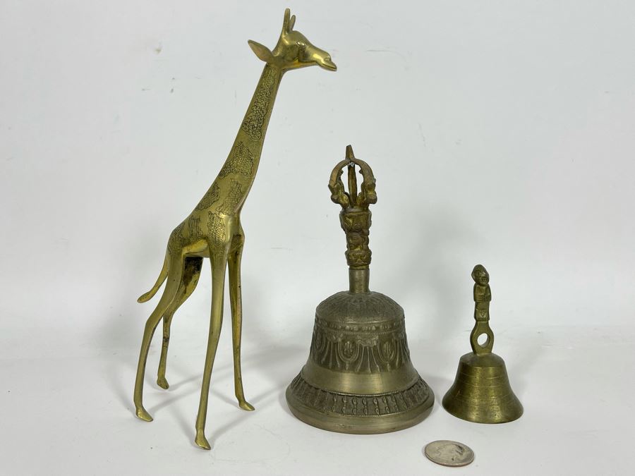 Pair Of Brass Bells And Brass Giraffe Figurine [Photo 2]