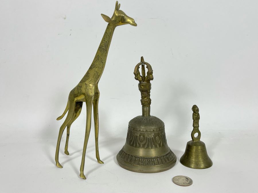 Pair Of Brass Bells And Brass Giraffe Figurine [Photo 3]