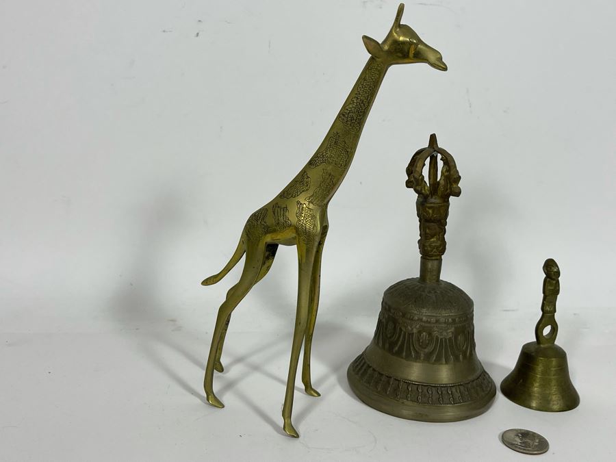 Pair Of Brass Bells And Brass Giraffe Figurine [Photo 7]