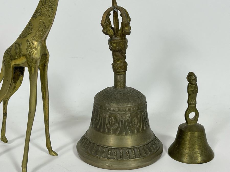 Pair Of Brass Bells And Brass Giraffe Figurine [Photo 4]