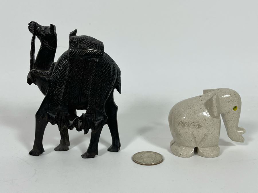 Small Carved Wooden Camel Figurine And Carved Stone Elephant Figurine [Photo 5]