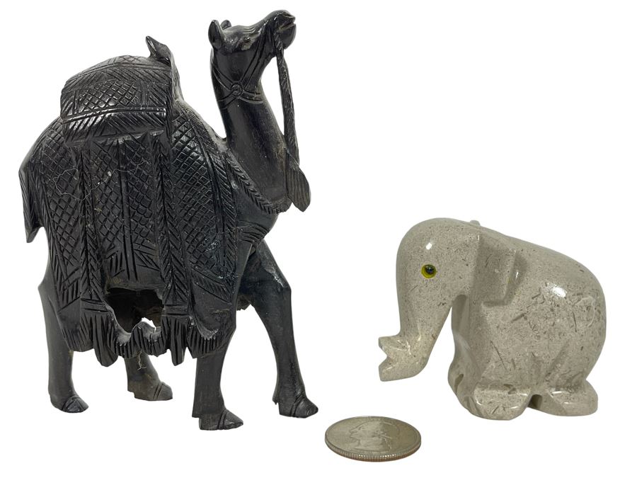 Small Carved Wooden Camel Figurine And Carved Stone Elephant Figurine [Photo 1]