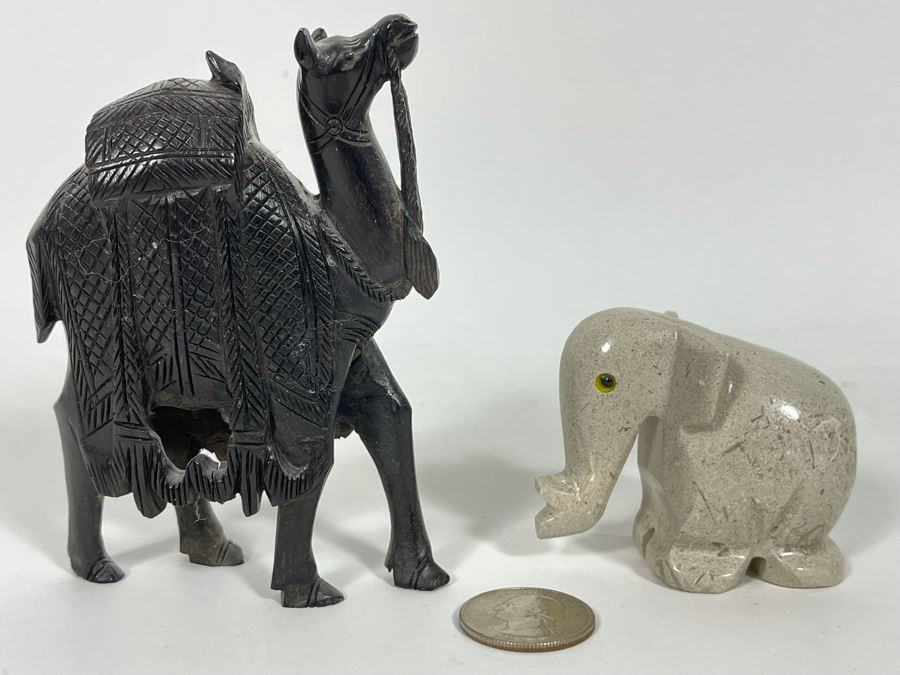 Small Carved Wooden Camel Figurine And Carved Stone Elephant Figurine [Photo 2]
