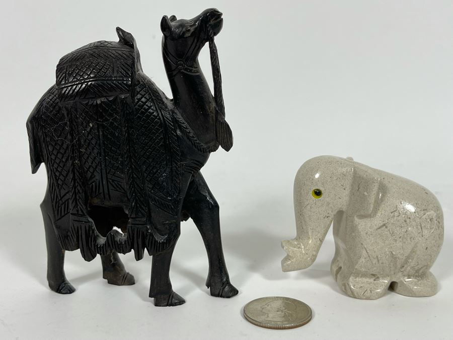 Small Carved Wooden Camel Figurine And Carved Stone Elephant Figurine [Photo 3]
