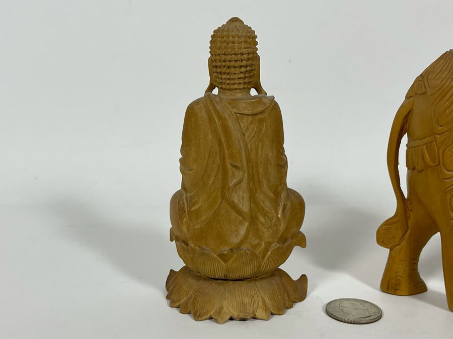 Hand Carved Buddha And Elephant Figurines 5H [Photo 9]