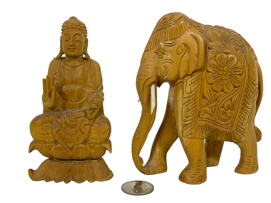 Hand Carved Buddha And Elephant Figurines 5H [Photo 1]
