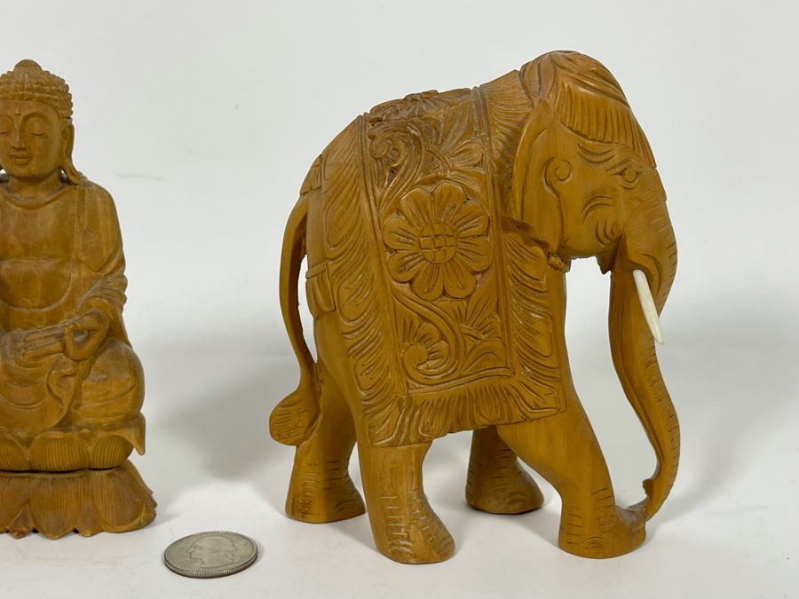 Hand Carved Buddha And Elephant Figurines 5H [Photo 8]