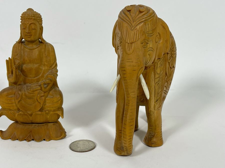 Hand Carved Buddha And Elephant Figurines 5H [Photo 7]