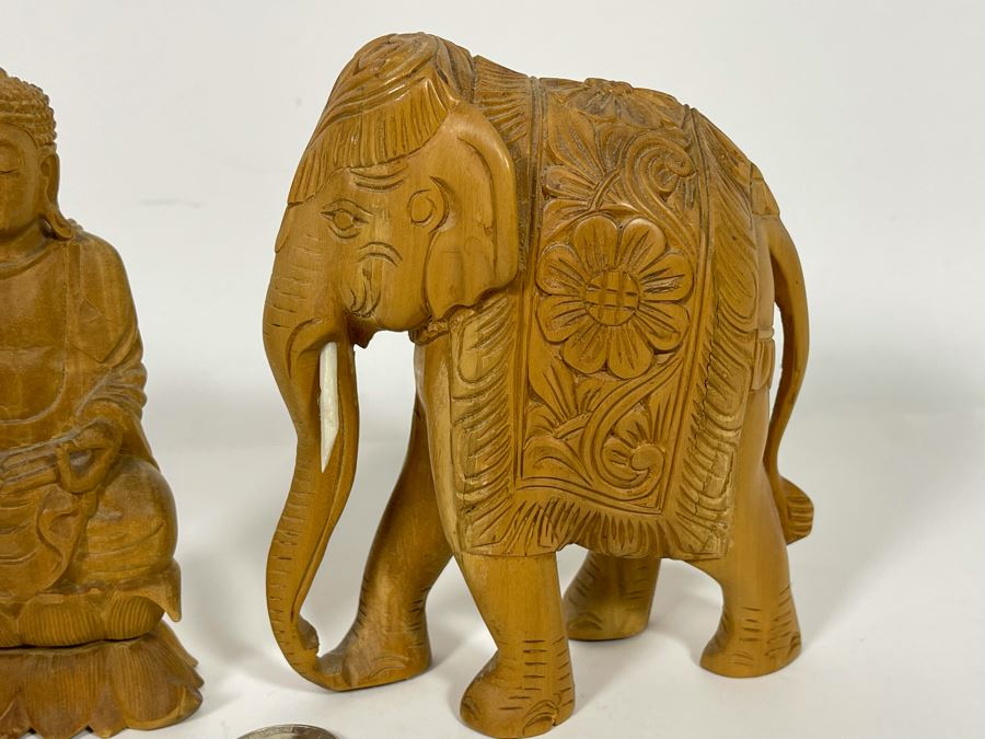 Hand Carved Buddha And Elephant Figurines 5H [Photo 6]