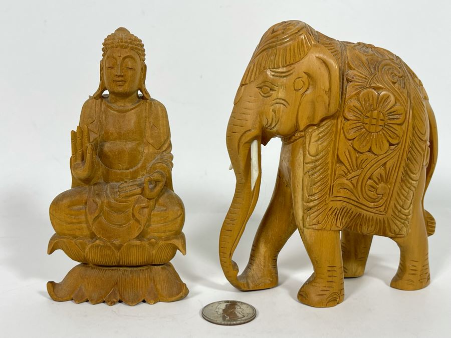 Hand Carved Buddha And Elephant Figurines 5H [Photo 2]