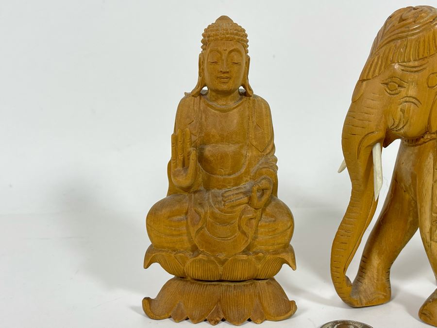 Hand Carved Buddha And Elephant Figurines 5H [Photo 4]