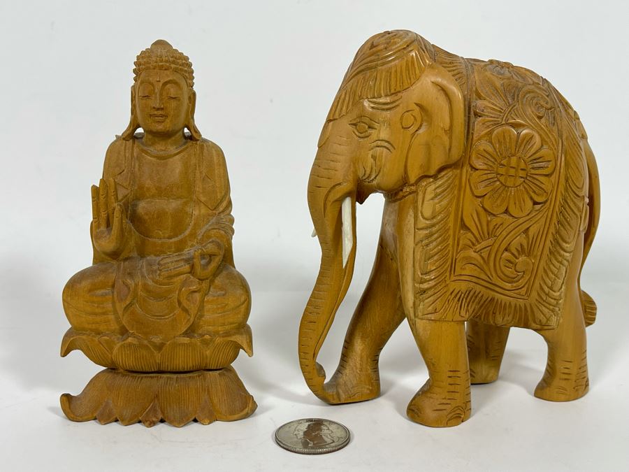 Hand Carved Buddha And Elephant Figurines 5H [Photo 3]