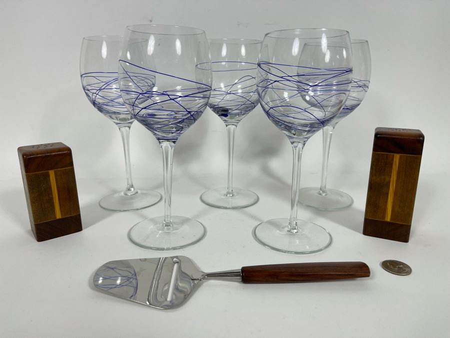 (5) Handblown Art Glass Stemware Glasses 8H, Mid-Century Cheese Slicer From Sweden And Pair Of Wooden Salt & Pepper Shakers [Photo 2]