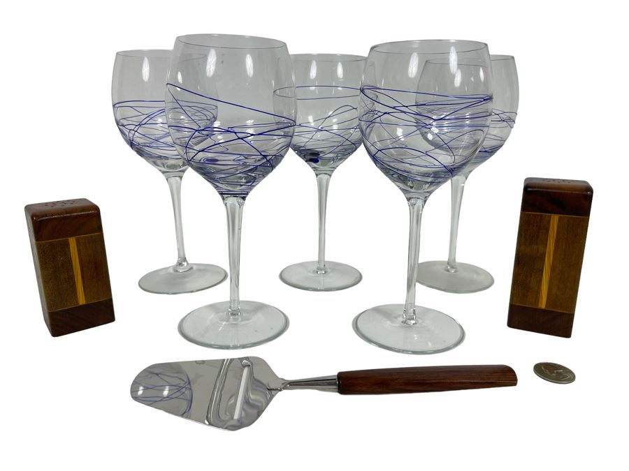 (5) Handblown Art Glass Stemware Glasses 8H, Mid-Century Cheese Slicer From Sweden And Pair Of Wooden Salt & Pepper Shakers