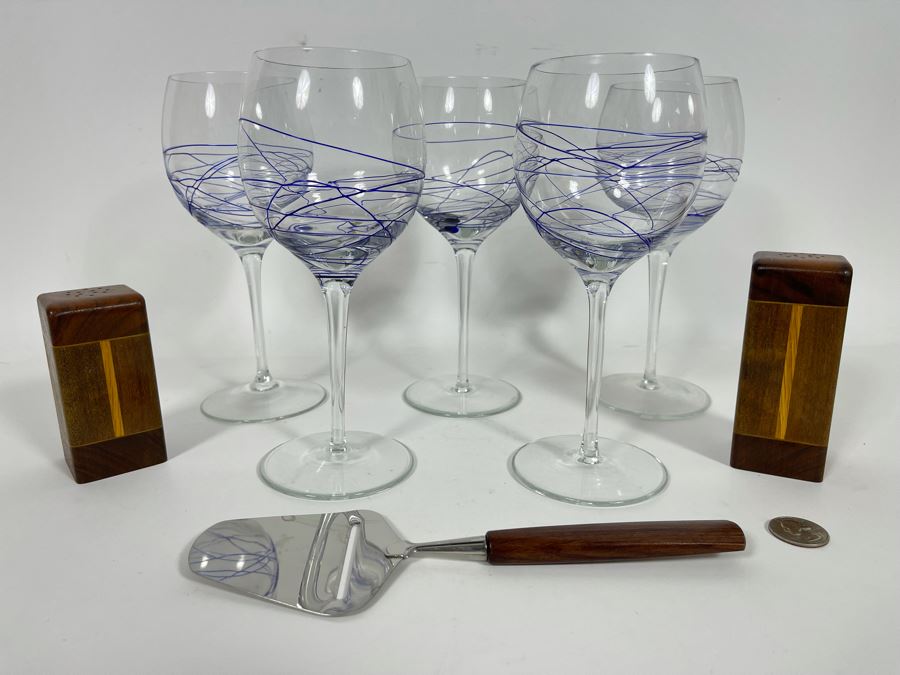 (5) Handblown Art Glass Stemware Glasses 8H, Mid-Century Cheese Slicer From Sweden And Pair Of Wooden Salt & Pepper Shakers [Photo 3]