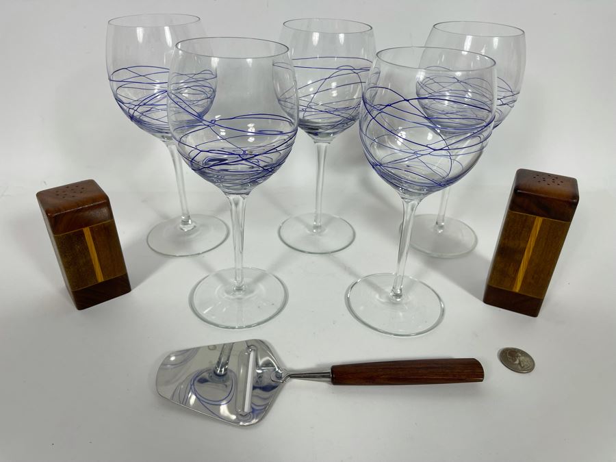 (5) Handblown Art Glass Stemware Glasses 8H, Mid-Century Cheese Slicer From Sweden And Pair Of Wooden Salt & Pepper Shakers [Photo 5]