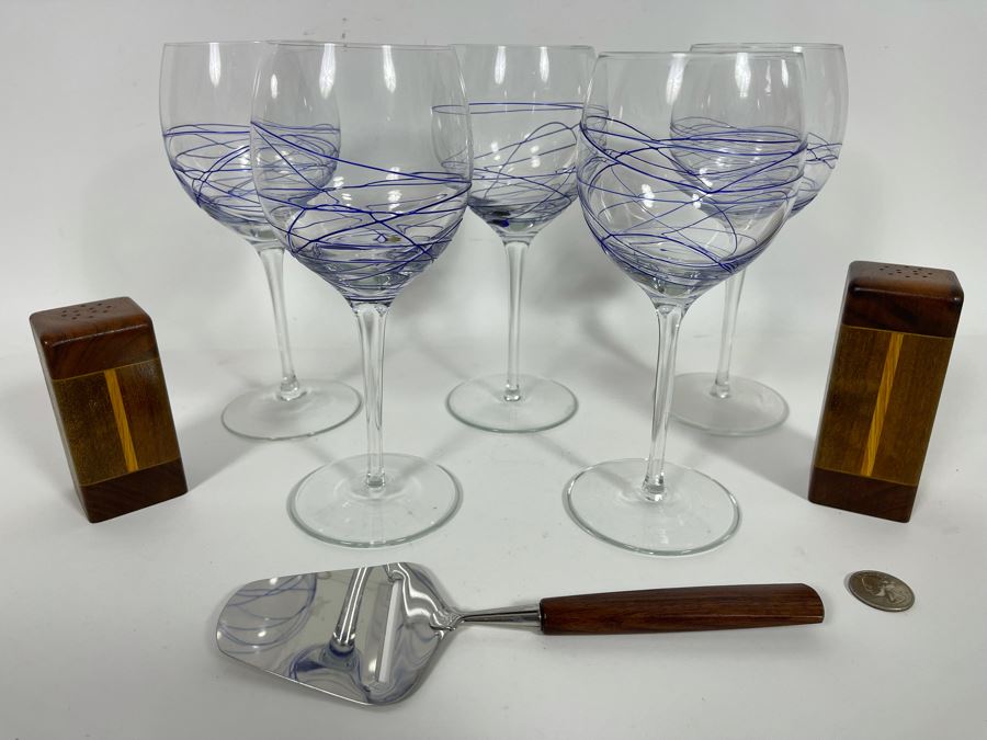 (5) Handblown Art Glass Stemware Glasses 8H, Mid-Century Cheese Slicer From Sweden And Pair Of Wooden Salt & Pepper Shakers [Photo 6]