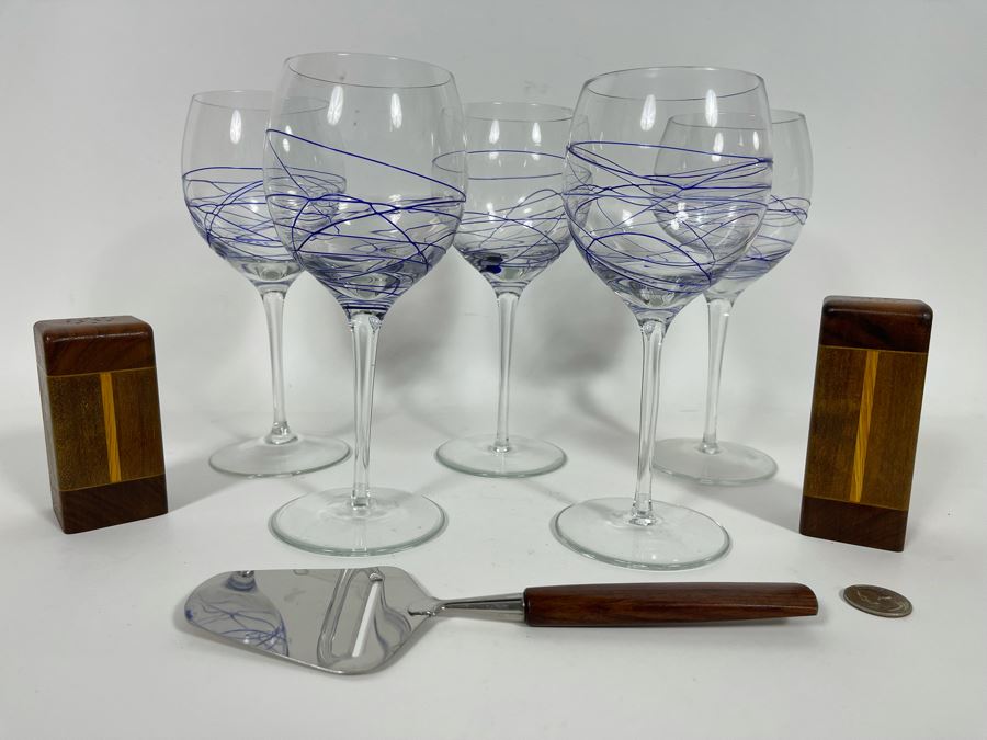 (5) Handblown Art Glass Stemware Glasses 8H, Mid-Century Cheese Slicer From Sweden And Pair Of Wooden Salt & Pepper Shakers [Photo 4]