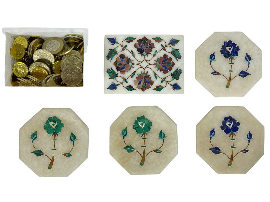 (4) Inlaid Precious Stone Coasters And (1) Box Filled With Various Foreign Coins [Photo 1]