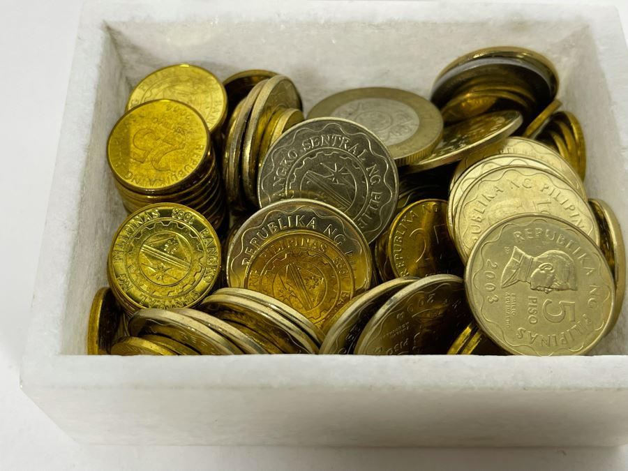 (4) Inlaid Precious Stone Coasters And (1) Box Filled With Various Foreign Coins [Photo 9]
