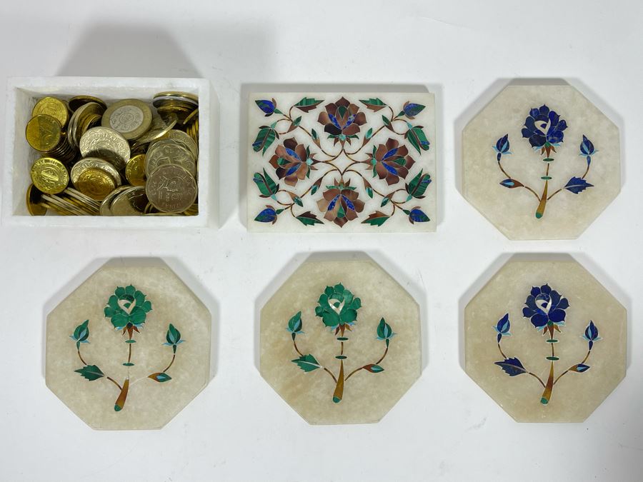 (4) Inlaid Precious Stone Coasters And (1) Box Filled With Various Foreign Coins [Photo 3]