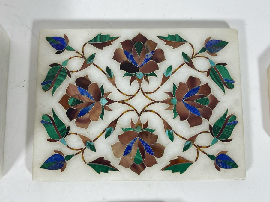 (4) Inlaid Precious Stone Coasters And (1) Box Filled With Various Foreign Coins [Photo 7]