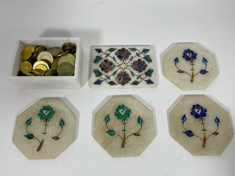 (4) Inlaid Precious Stone Coasters And (1) Box Filled With Various Foreign Coins [Photo 4]