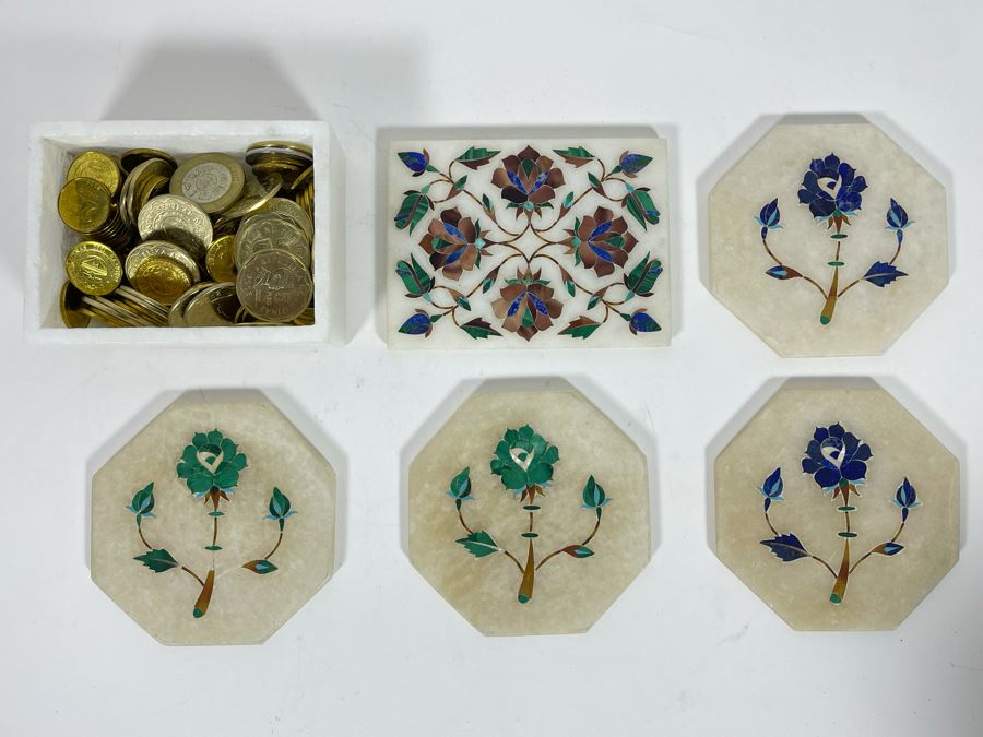 (4) Inlaid Precious Stone Coasters And (1) Box Filled With Various Foreign Coins [Photo 5]