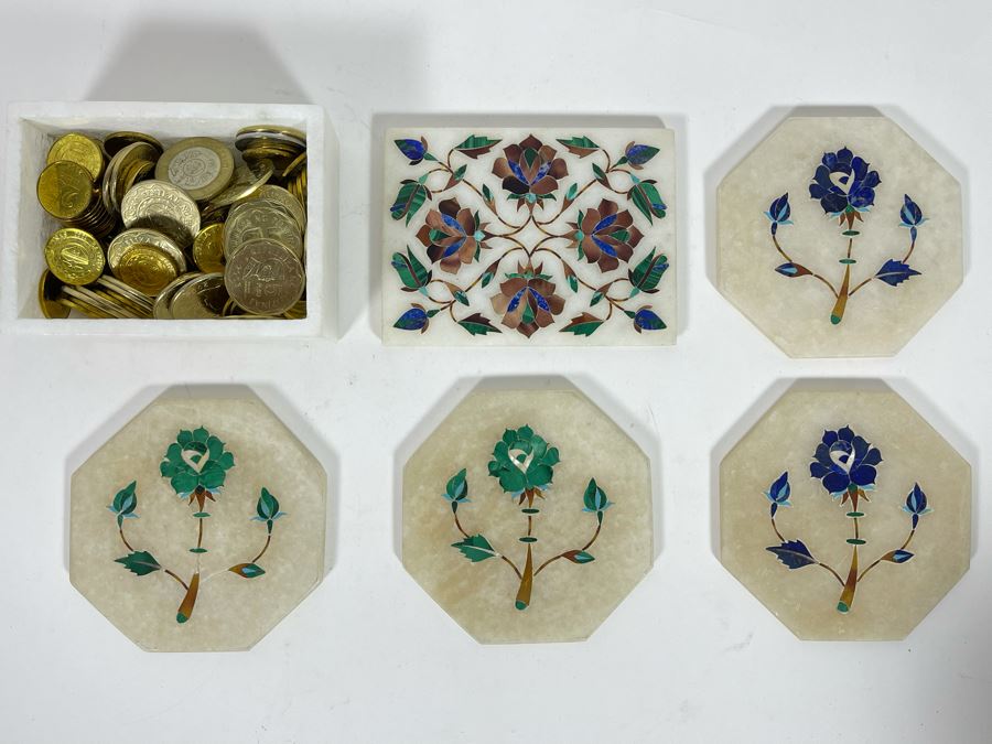 (4) Inlaid Precious Stone Coasters And (1) Box Filled With Various Foreign Coins [Photo 2]